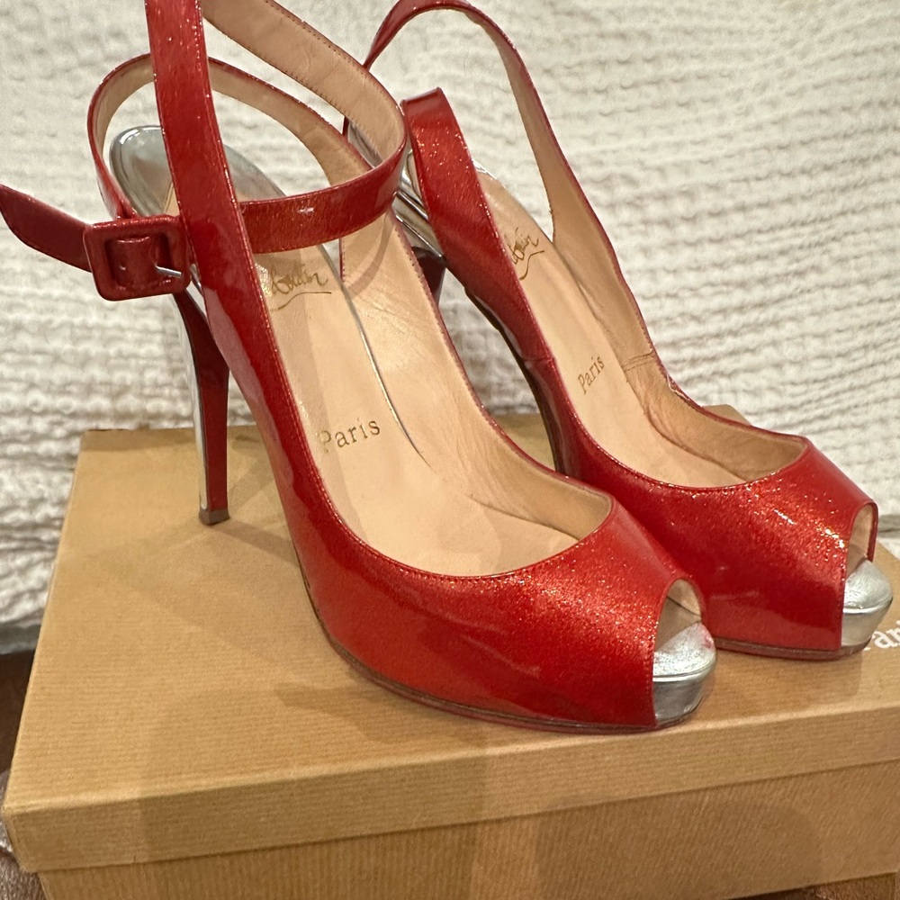 Christian Louboutin red glitter wrap around platform heels with heel